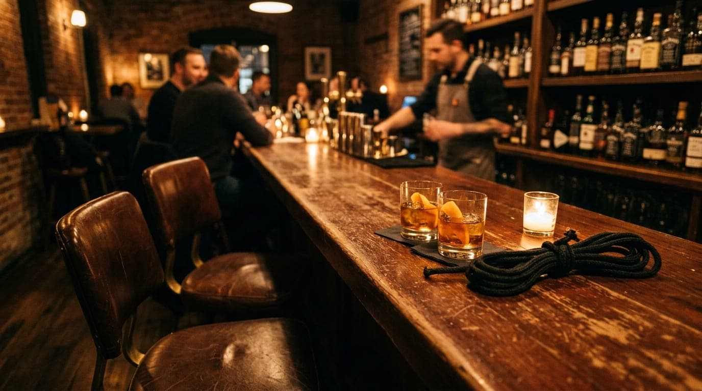 A medium shot of a Distillery District bar. Two leather stools face the mahogany counter. On the right, two half-poured bo...