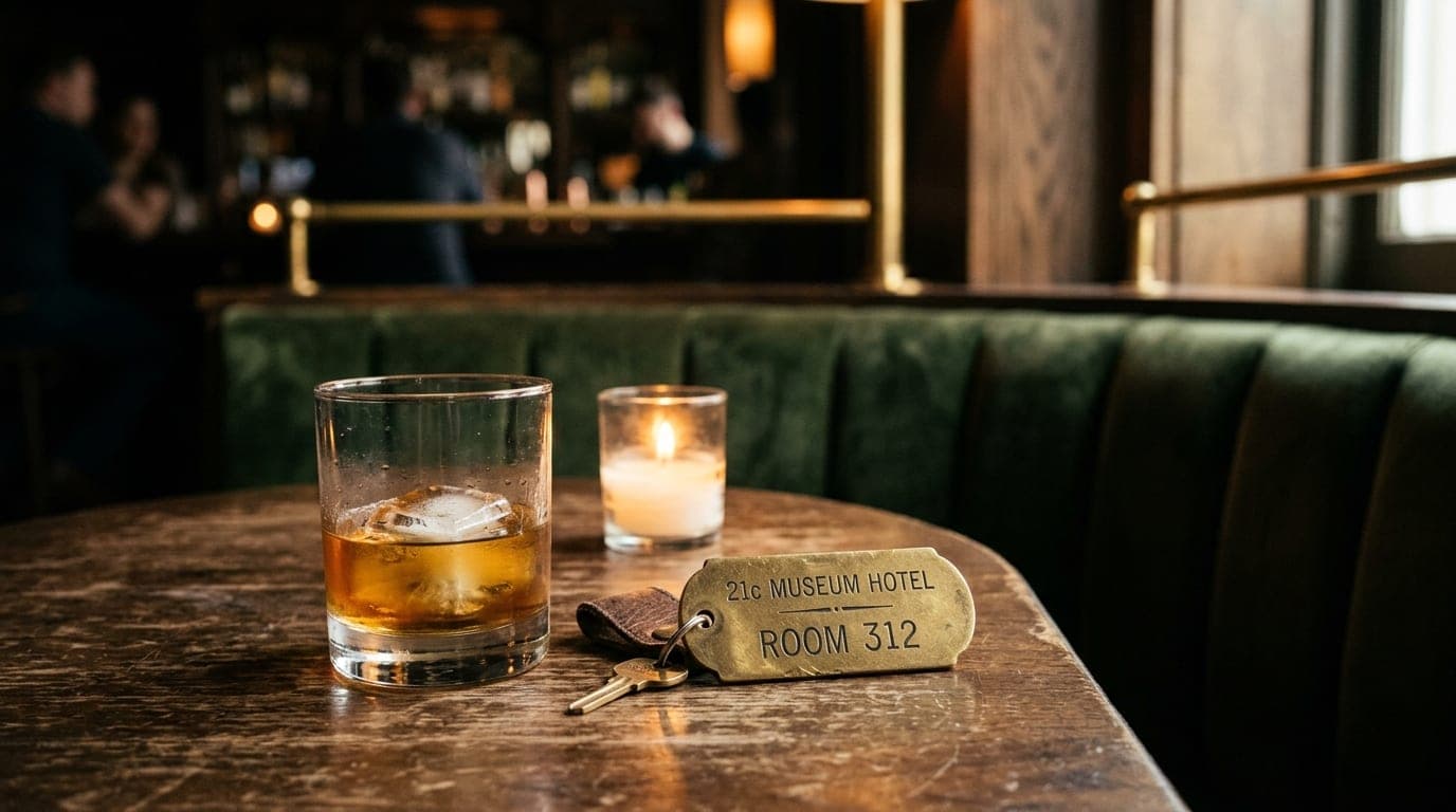 A close-up shot of a dimly lit, velvet-backed booth at Ona. A half-finished glass of amber bourbon sits next to a vintage...
