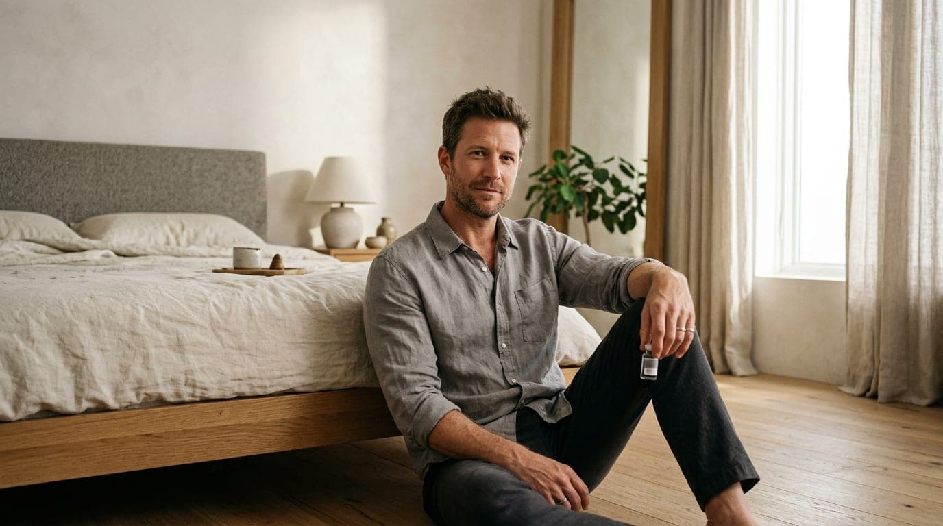 A man in a soft grey linen shirt sits on the floor of a minimalist bedroom, leaning against a bedframe. He holds a single,...