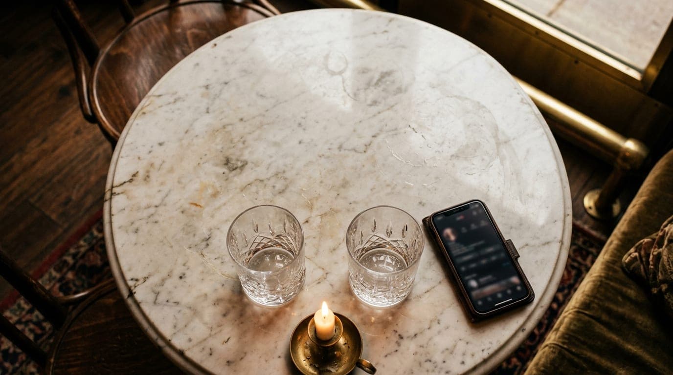 An overhead flat-lay of a marble bistro table in a South Lincoln lounge. Two crystal tumblers sit empty beside a smartphon...