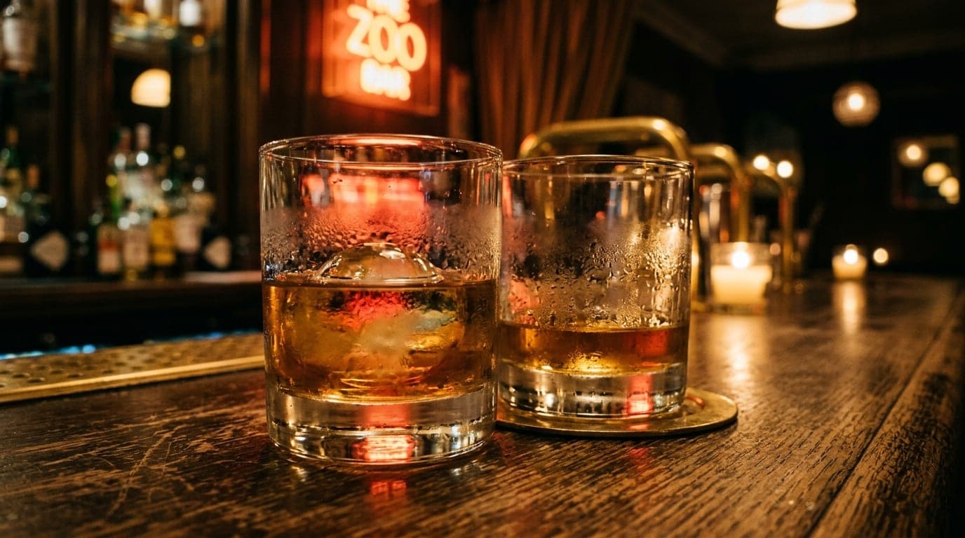 A 100mm macro shot focusing on two chilled, condensation-slicked whiskey tumblers resting on a scarred, dark wood bartop a...