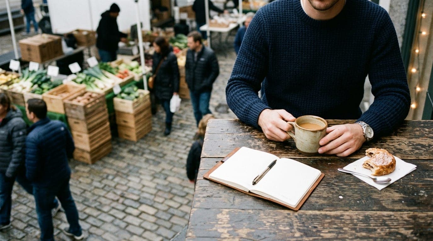 A 35mm documentary shot on an overcast morning shows a man in a navy sweater holding a coffee cup at a rustic wooden table...