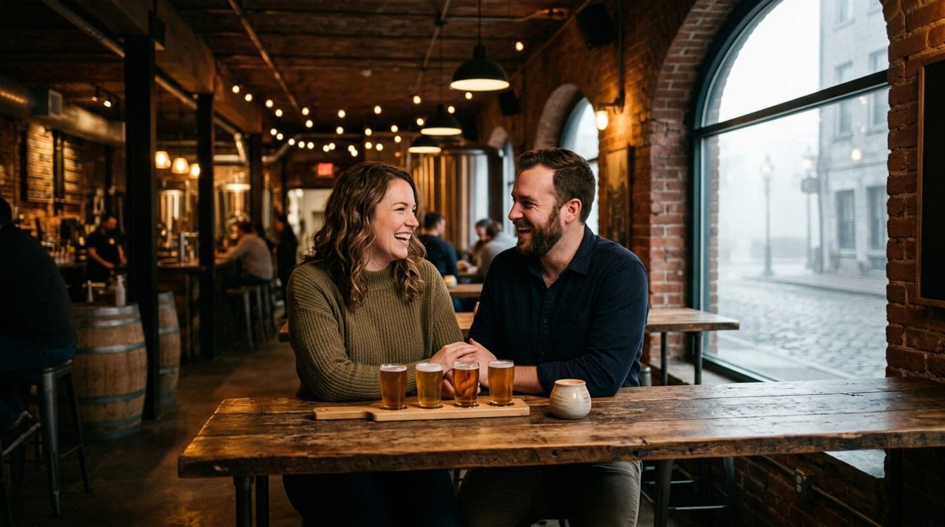 An 85mm portrait captures a couple at a high-top table inside a dimly lit brick basement brewery. A craft beer flight sits...