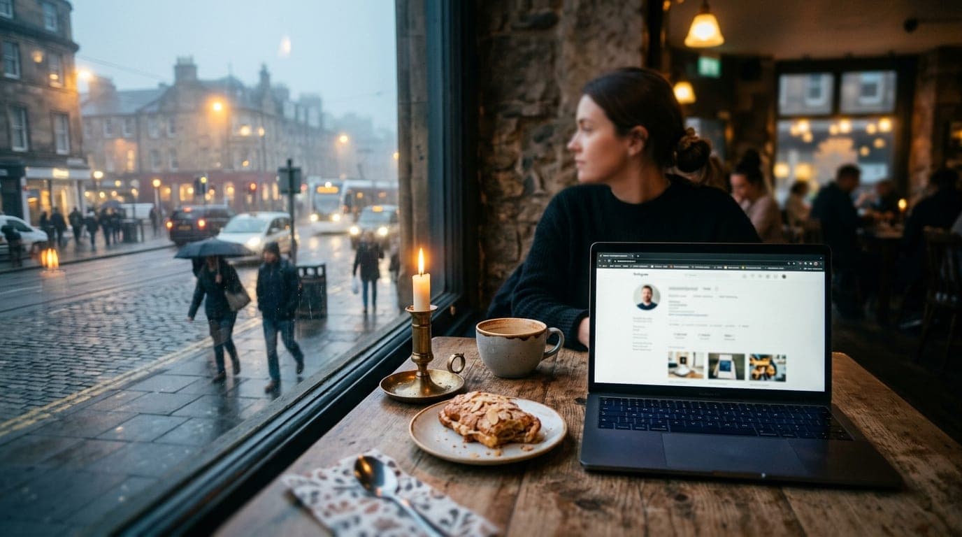 A medium shot, tilt-shift focus on a laptop screen displaying a profile at a Haymarket coffee shop, with a half-eaten past...