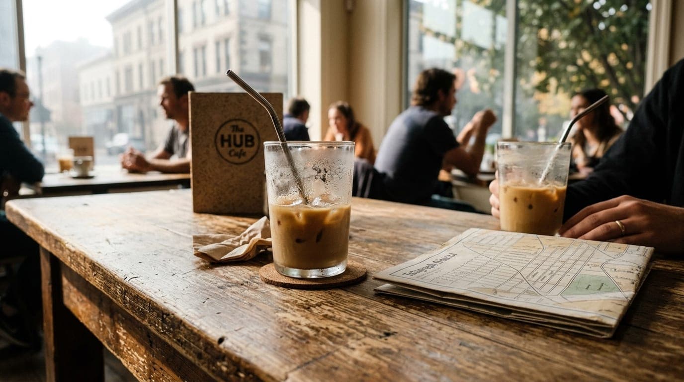A worn wooden table at The Hub Cafe, noon sunlight casting shadows on two half-empty iced lattes and a folded map of the T...