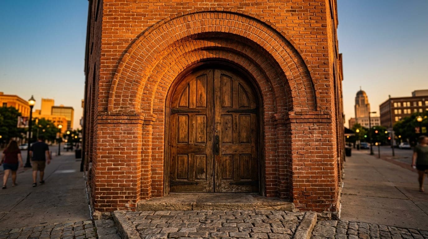 Extreme close-up 24mm wide-angle shot of the iconic Boiler Brewing Company brick archway at golden hour. Warm light hits t...