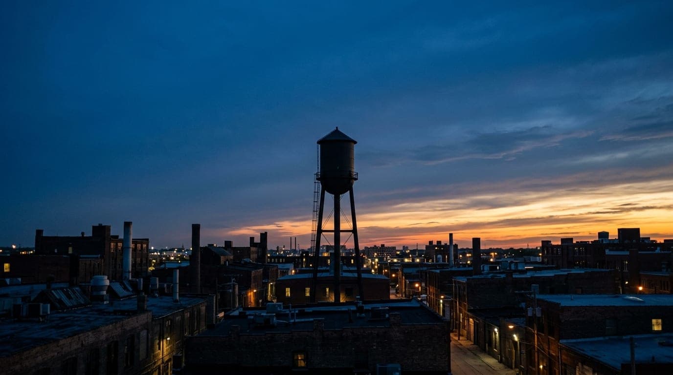 A photorealistic 50mm shot captures the dark silhouette of the historic Near South neighborhood water tower looming over l...