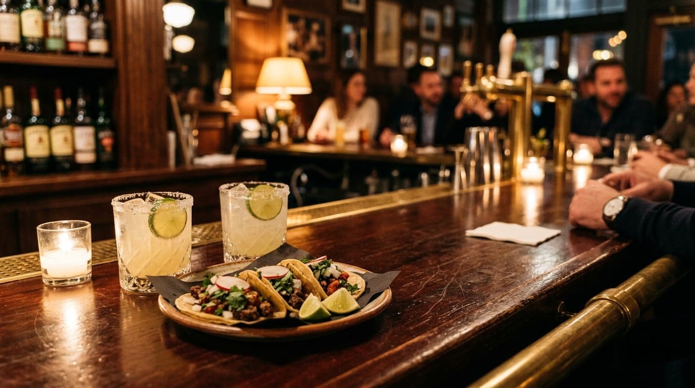 An 85mm shot of a polished mahogany bar at The Fold, featuring two craft margaritas and a shared plate of street tacos, ba...