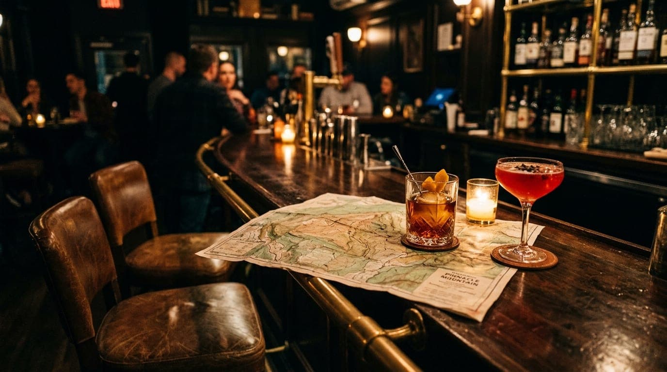 A low-angle, 85mm shot inside a dimly lit SOMA District bar. Two leather barstools face a polished wooden counter holding...