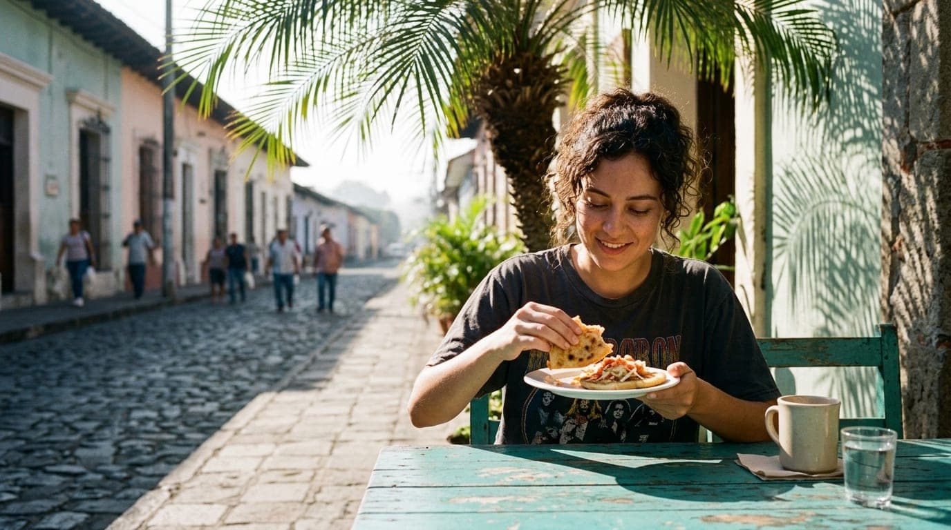 A woman in a vintage band tee sits at a weathered outdoor cafe table, holding a plate of pupusas, illuminated by sharp noo...