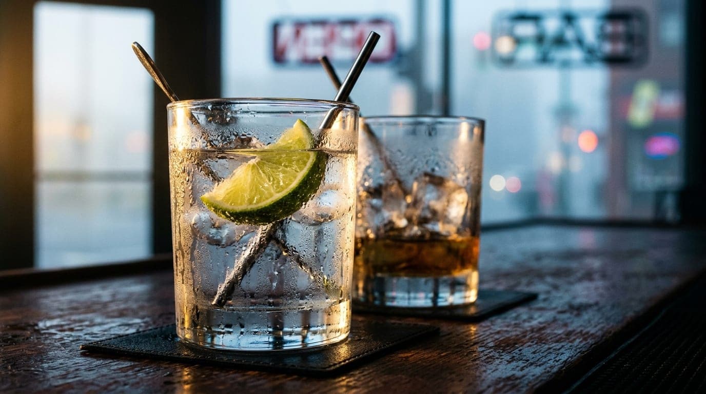 An extreme macro 85mm shot of two condensation-streaked highball glasses resting on a dark mahogany bar top, golden hour l...