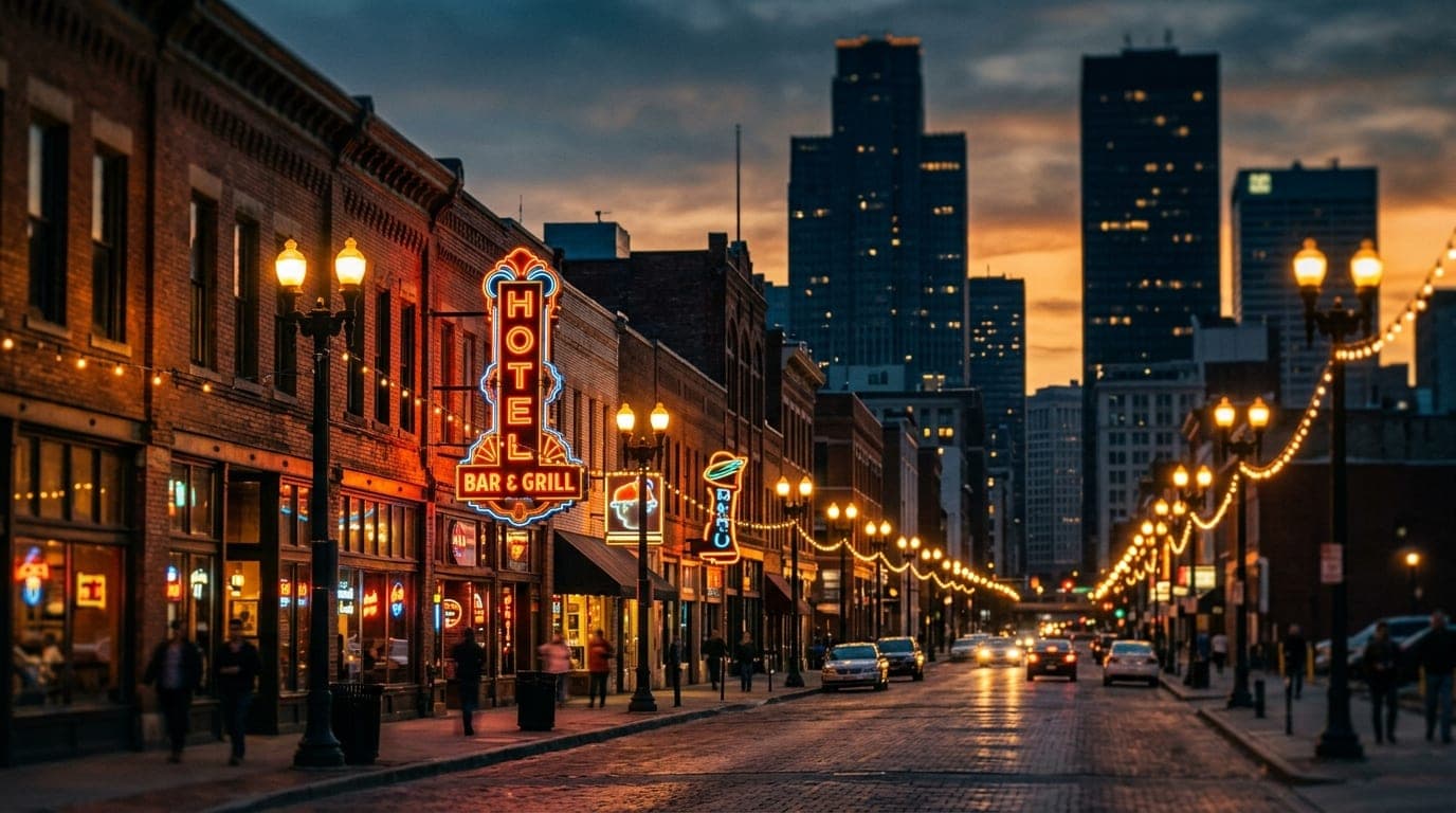 A wide, tilt-shift shot of Fourth Street’s vintage storefronts at dusk, focusing on a warm, glowing neon sign. Parallel st...