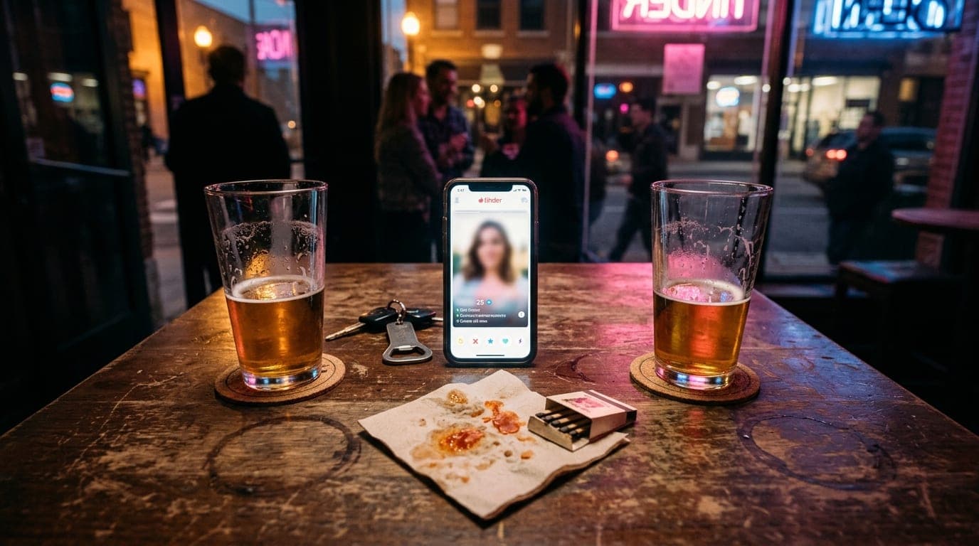 Overhead flat-lay on a weathered wooden dive bar table, centered symmetric composition featuring two half-empty pint glass...