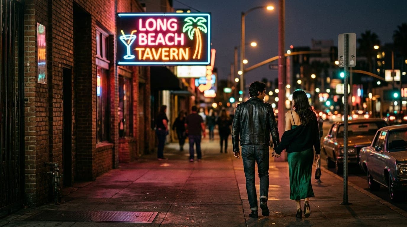 A couple walks away from the glowing neon sign of a Long Beach dive bar at night. The man wears a leather jacket; the woma...
