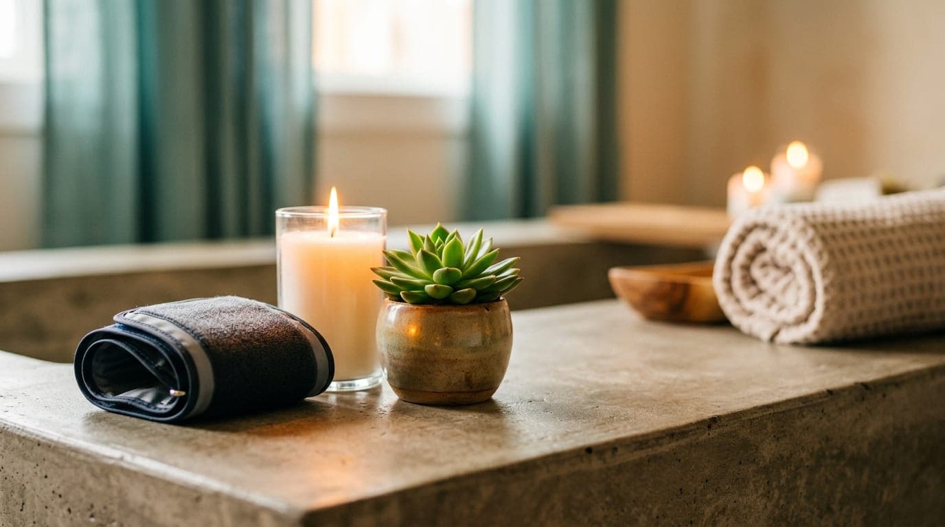 A medical-grade blood pressure cuff sits neatly coiled beside a single white pillar candle on a matte concrete surface. A...