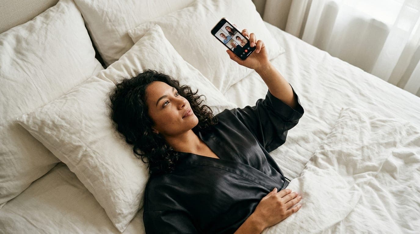 An overhead flat-lay shot. A woman in a dark silk robe lies on white linen sheets in the lower third. She holds a smartpho...
