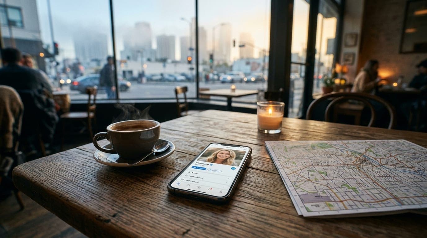 A medium shot centered on a smartphone displaying a verified dating profile. It sits on a wooden bistro table beside a ste...