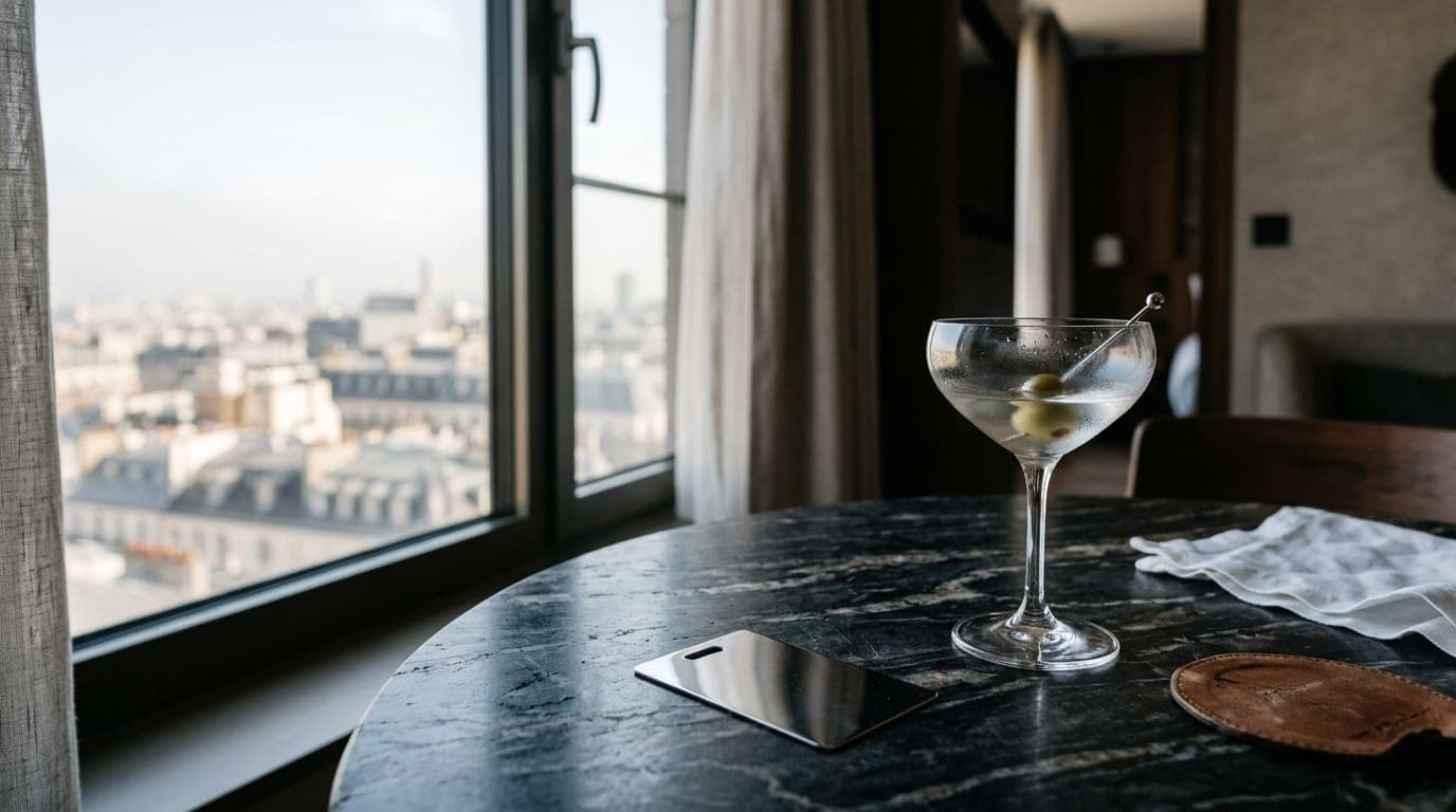 A chrome hotel room key card rests on a dark marble bistro table beside a half-empty gin martini. Natural noon light strea...