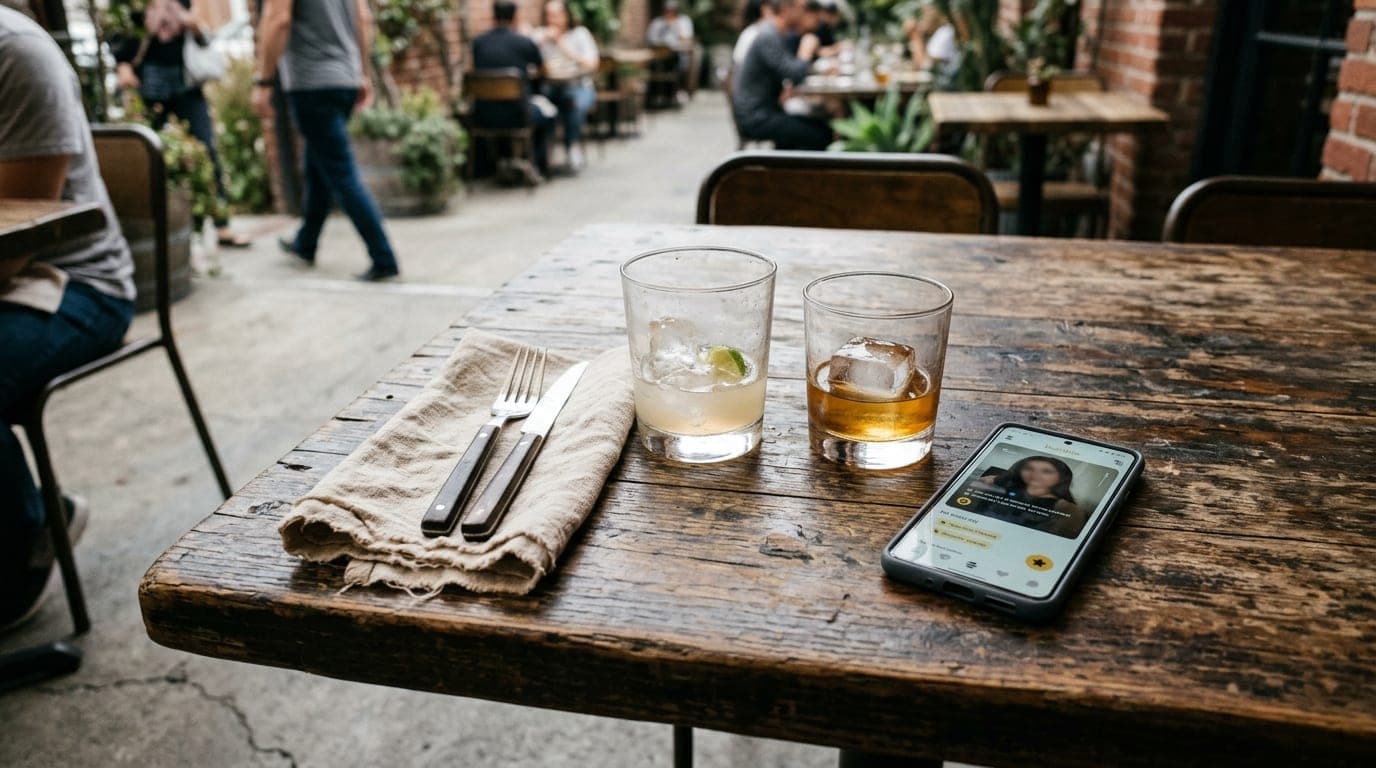 Overhead flat-lay on a weathered outdoor wooden patio table at Everson Royce Bar. Two half-empty cocktail glasses and a Bu...