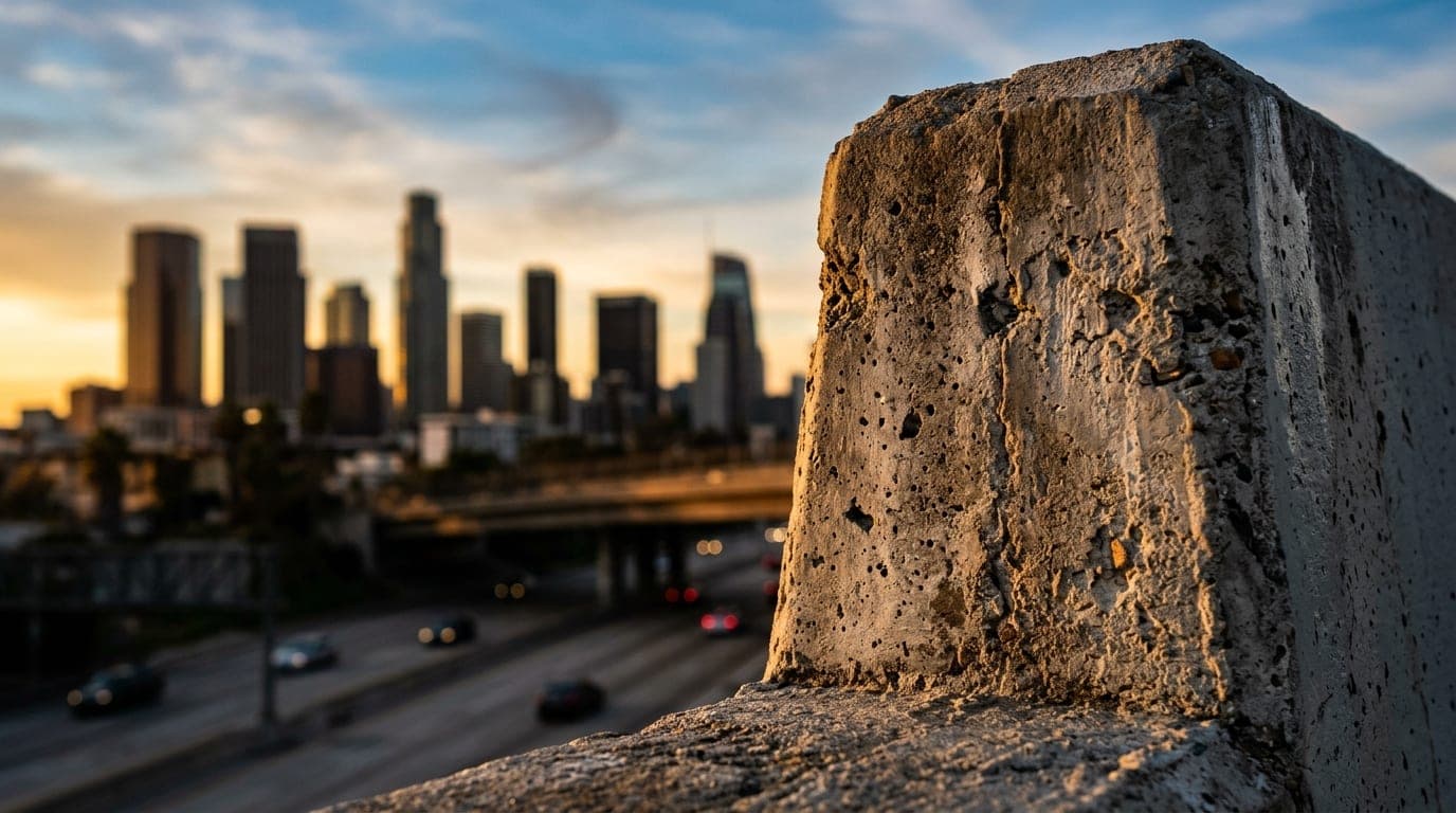An extreme close-up of a weathered, sun-drenched concrete freeway sign fragment, capturing textured grey pores, with the i...