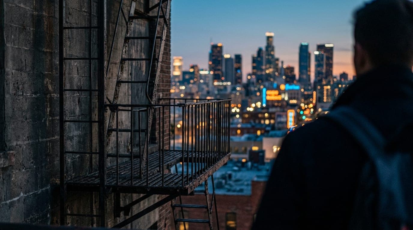 A weathered, industrial iron fire escape ladder hangs against a dark concrete brick wall. In the soft blue hour, the dista...