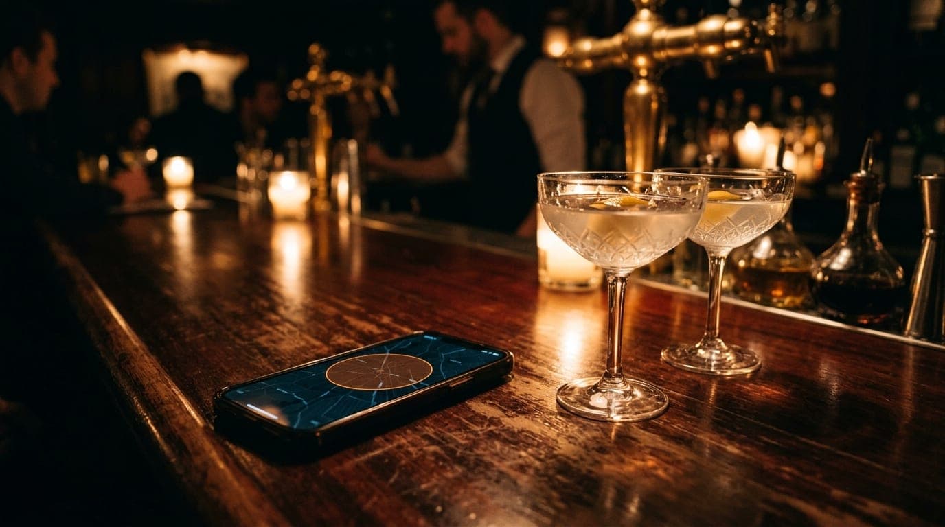 A low-angle view of a mahogany bar top at midnight. A polished smartphone sits beside two crystal coupe glasses, displayin...