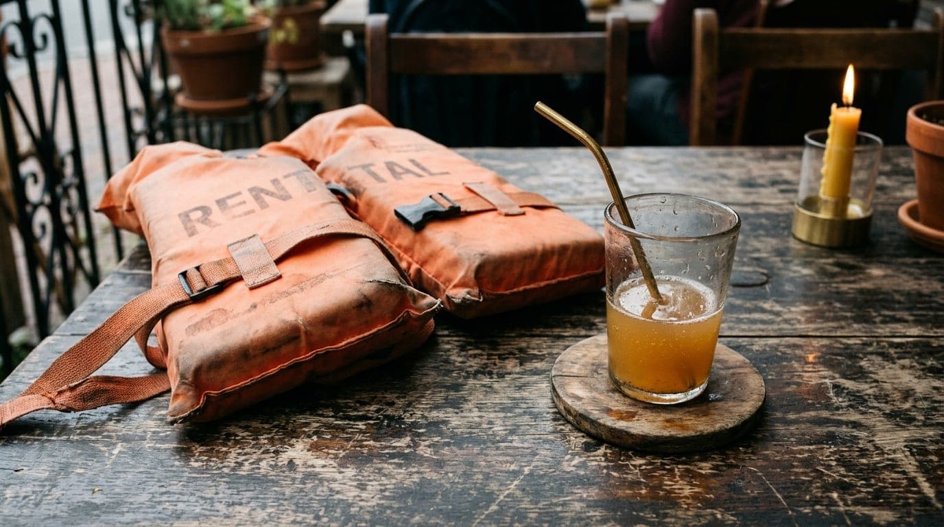 Overhead flat-lay on a weathered outdoor patio table. Two rented swan boat life vests lay discarded beside a single half-e...