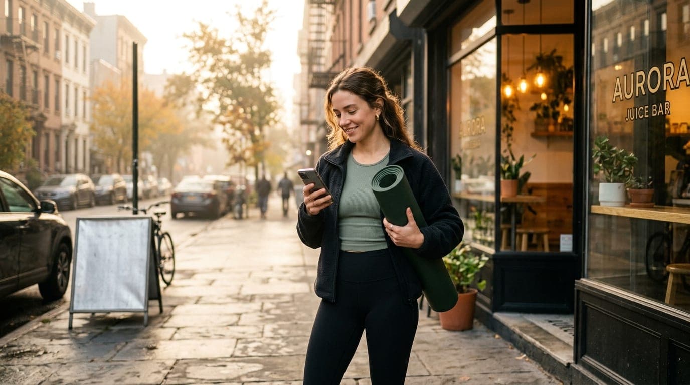A sun-drenched 85mm portrait of a woman in activewear checking her phone while holding a yoga mat outside a trendy neighbo...