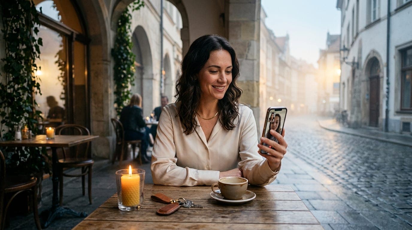 A centered medium shot of a woman in a silk blouse sitting at a candle-lit cafe table, holding a smartphone showing a live...