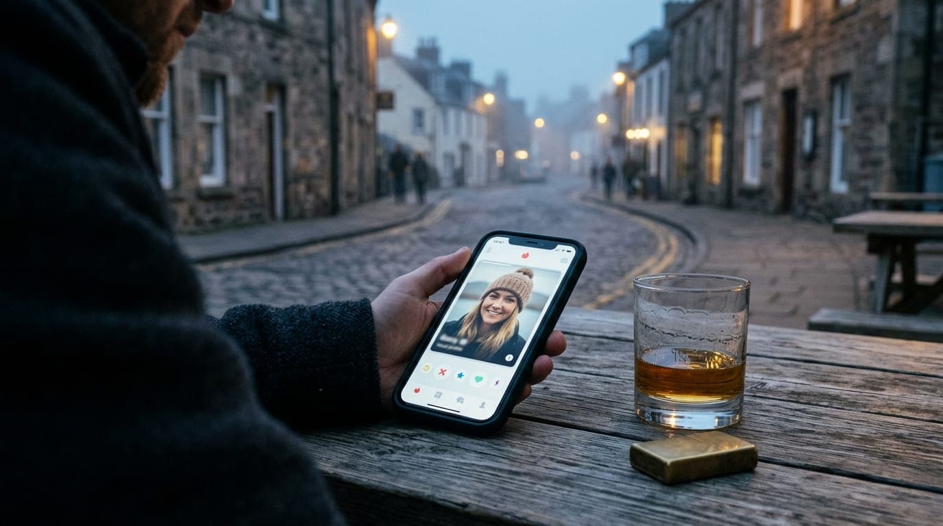 An over-the-shoulder macro shot at blue hour captures a smartphone screen displaying a local profile, resting on a weather...