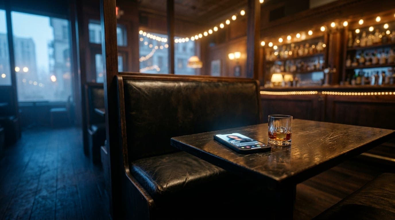 Low-angle hero shot of a leather booth at The Silver Dollar. A bourbon glass and an open smartphone showing a profile sit...