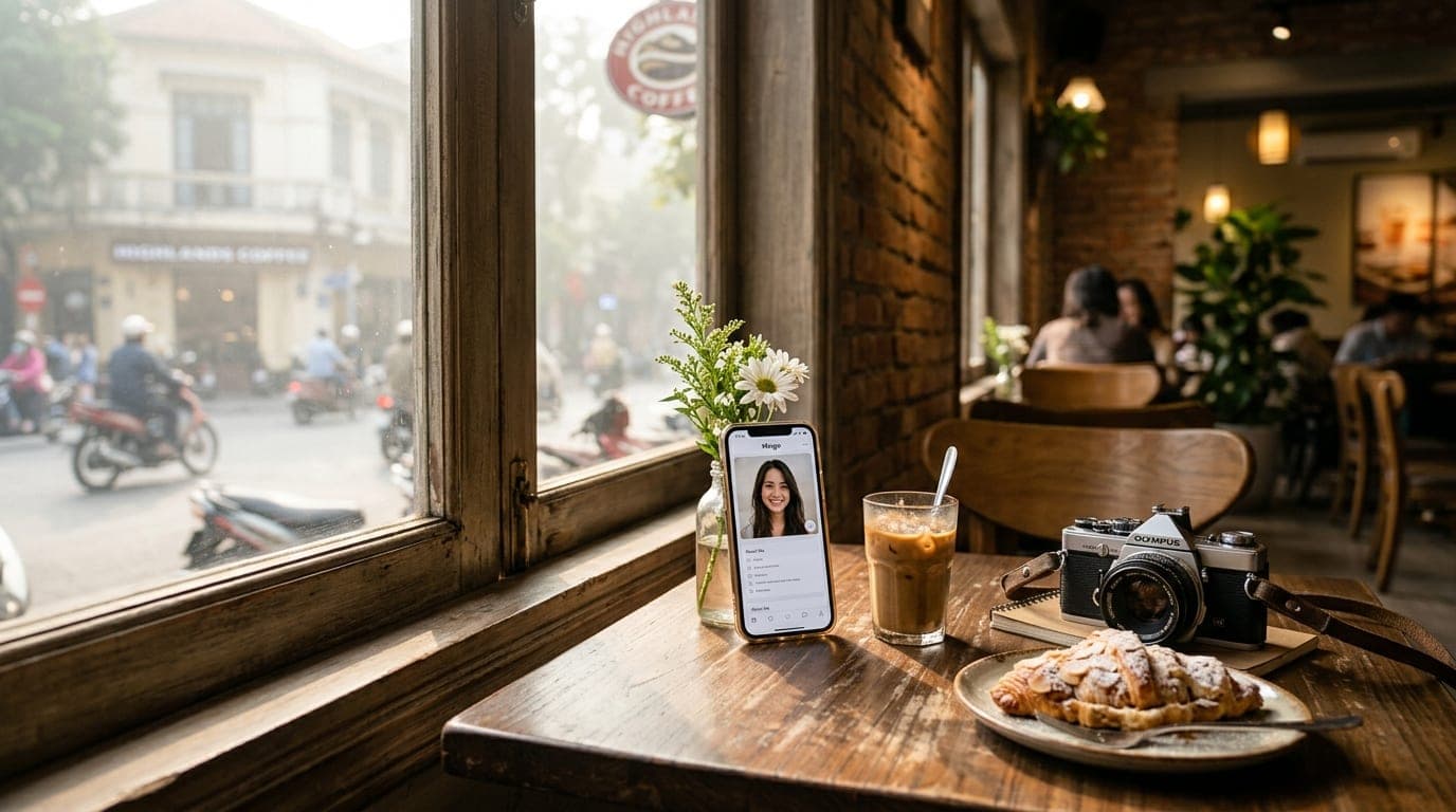 Noon sunlight streams through a Highlands coffee shop window onto a wooden table, illuminating a smartphone showing a Hing...