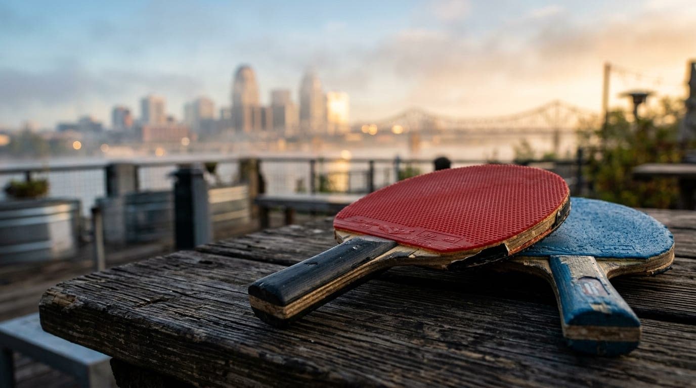A 35mm documentary shot at golden hour captures two ping-pong paddles resting on a weathered outdoor table at Garage Bar,...