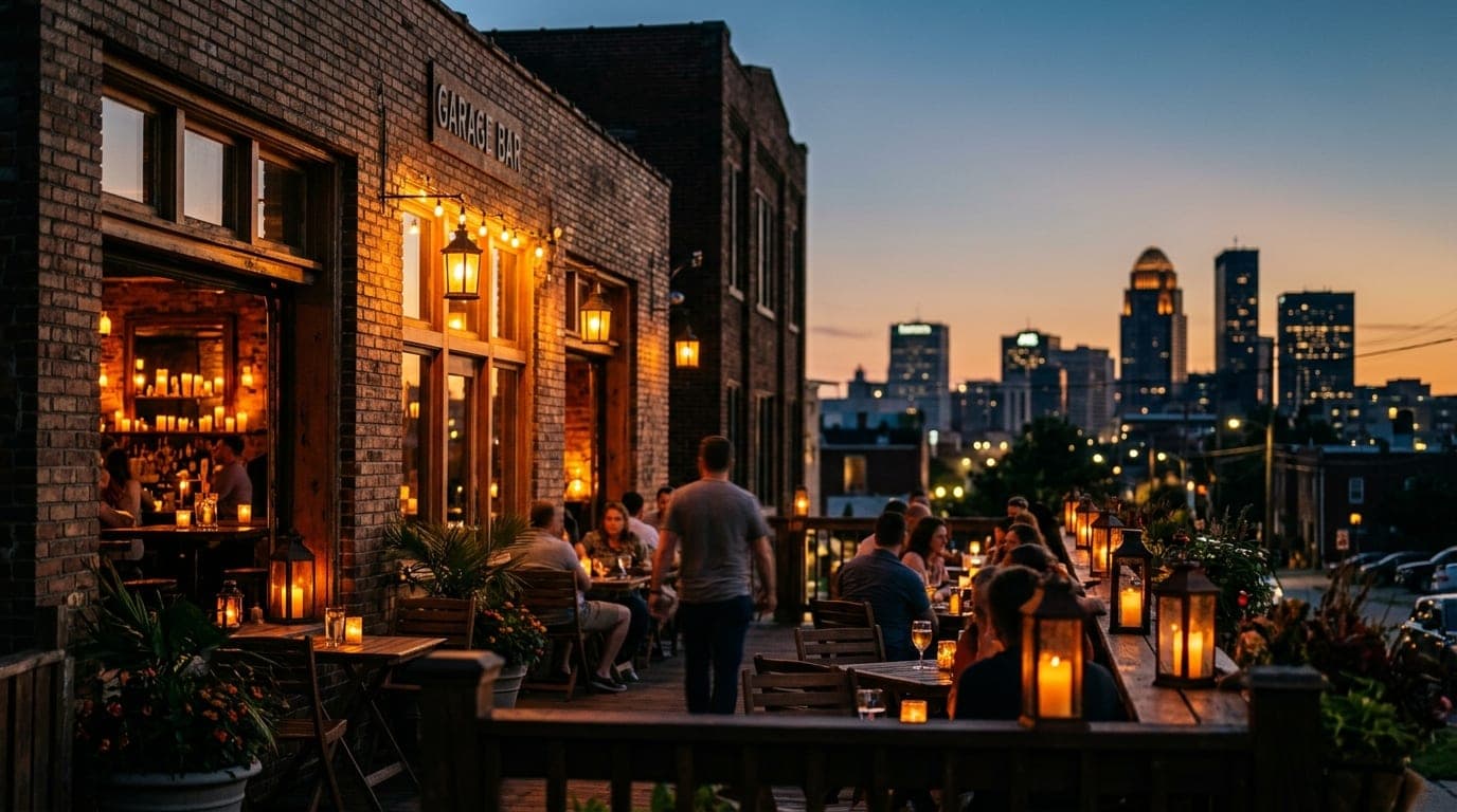 A medium shot captures the glowing, flickering lanterns of a NuLu storefront terrace at dusk, with the blurred Louisville...