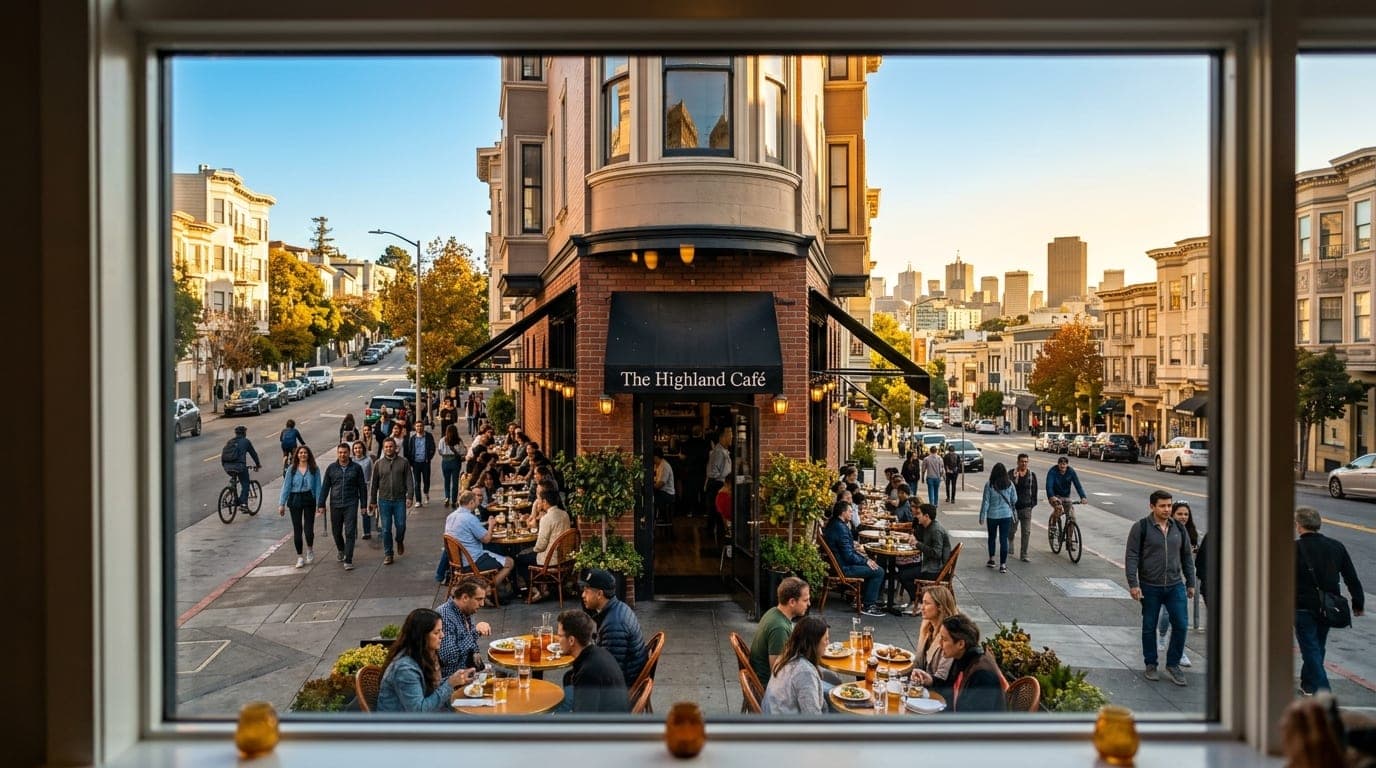 A symmetric, wide-angle shot through a clean window captures the vibrant Highland neighborhood streetscape at noon, focusi...
