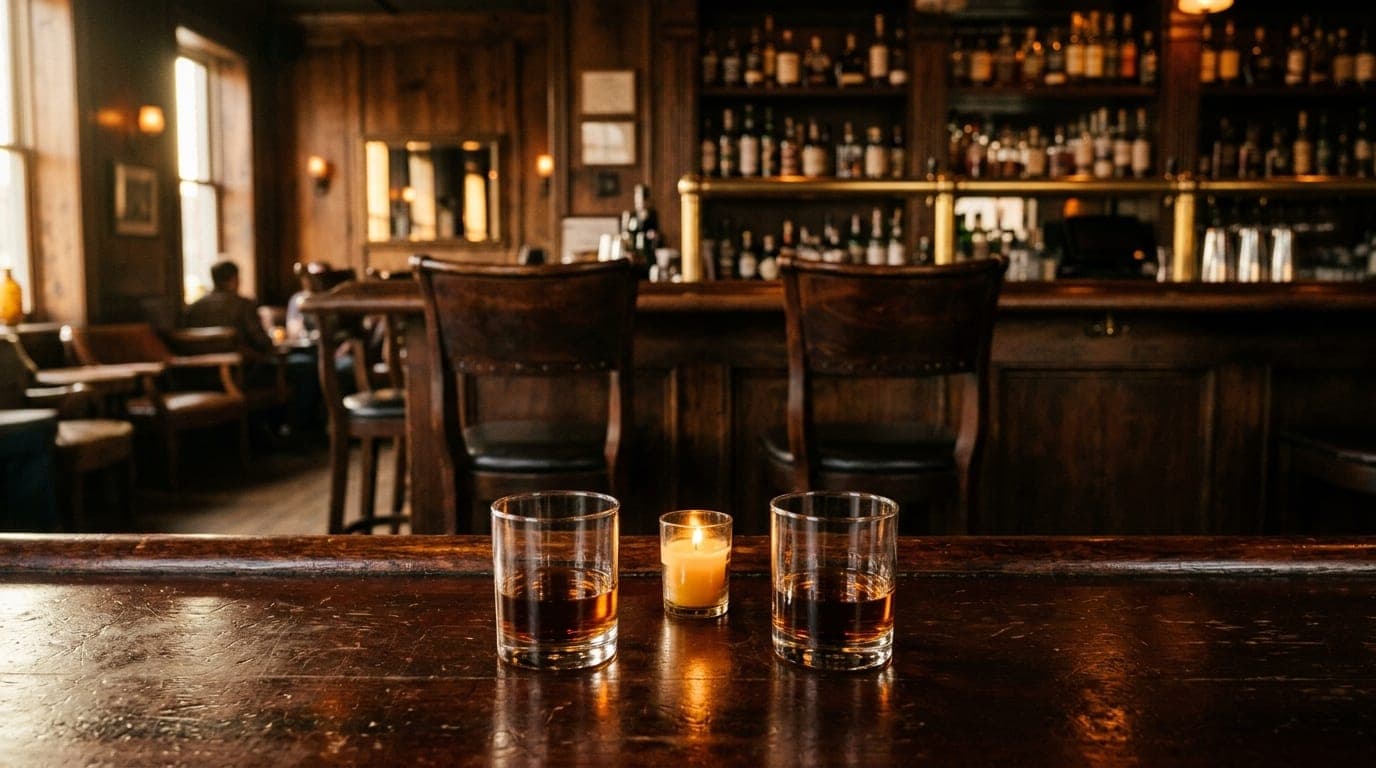 A 24mm wide-angle, centered shot of two empty barstools at a dim, wood-paneled Louisville lounge. Two half-poured bourbon...