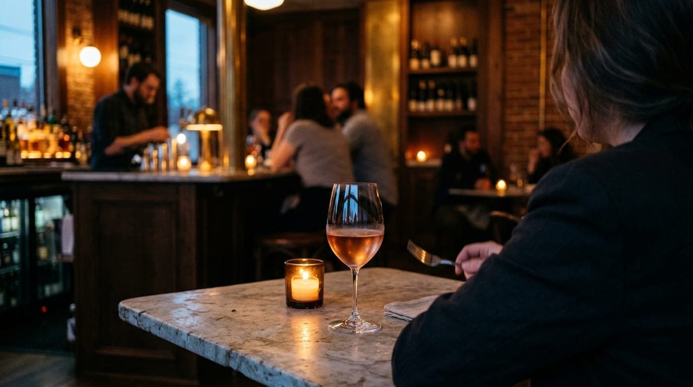Over-the-shoulder view from a shadowed corner in a NuLu wine bar. A half-poured glass of chilled rosé sits on a marble bis...