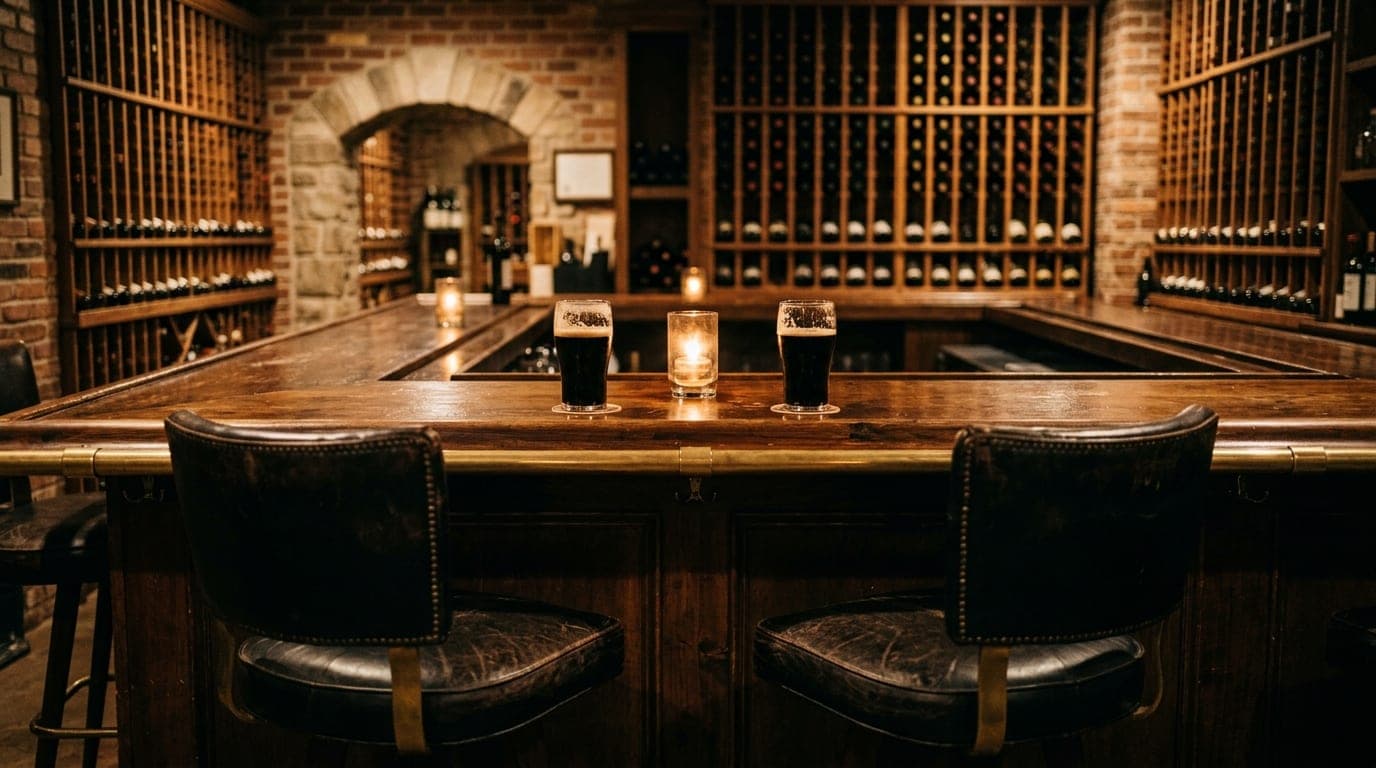 A medium shot inside a dimly lit, upscale Lubbock wine cellar. Two empty leather stools sit at a polished wooden bar, each...