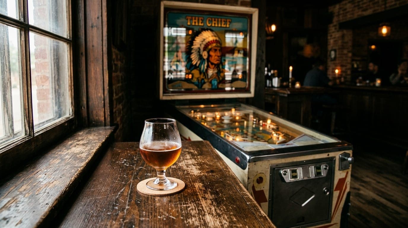 A polished pinball machine reflects soft window light in a quiet corner of a Lubbock tavern. A single half-poured amber be...