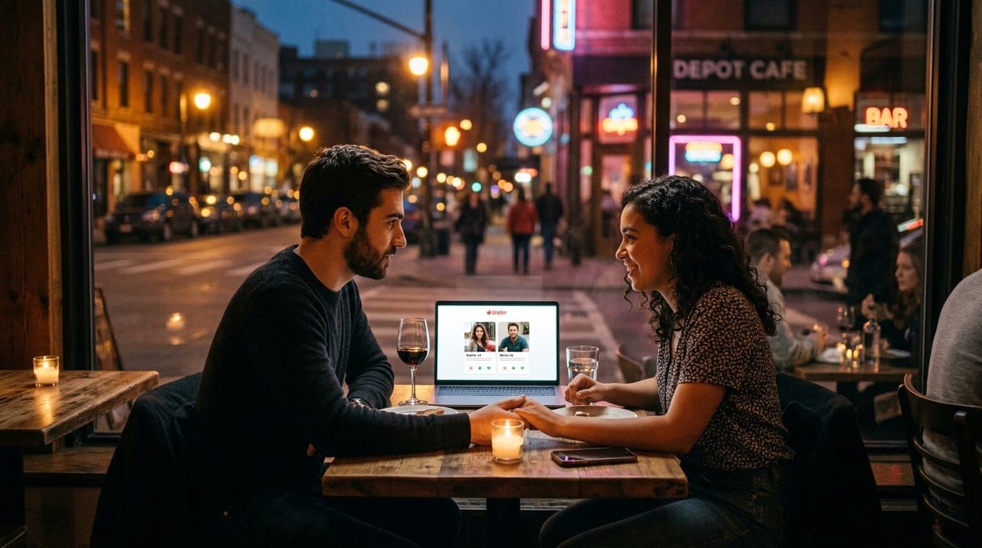 A couple sits in a candle-lit cafe in the Depot District at night, a laptop showing an open Tinder profile between them, c...