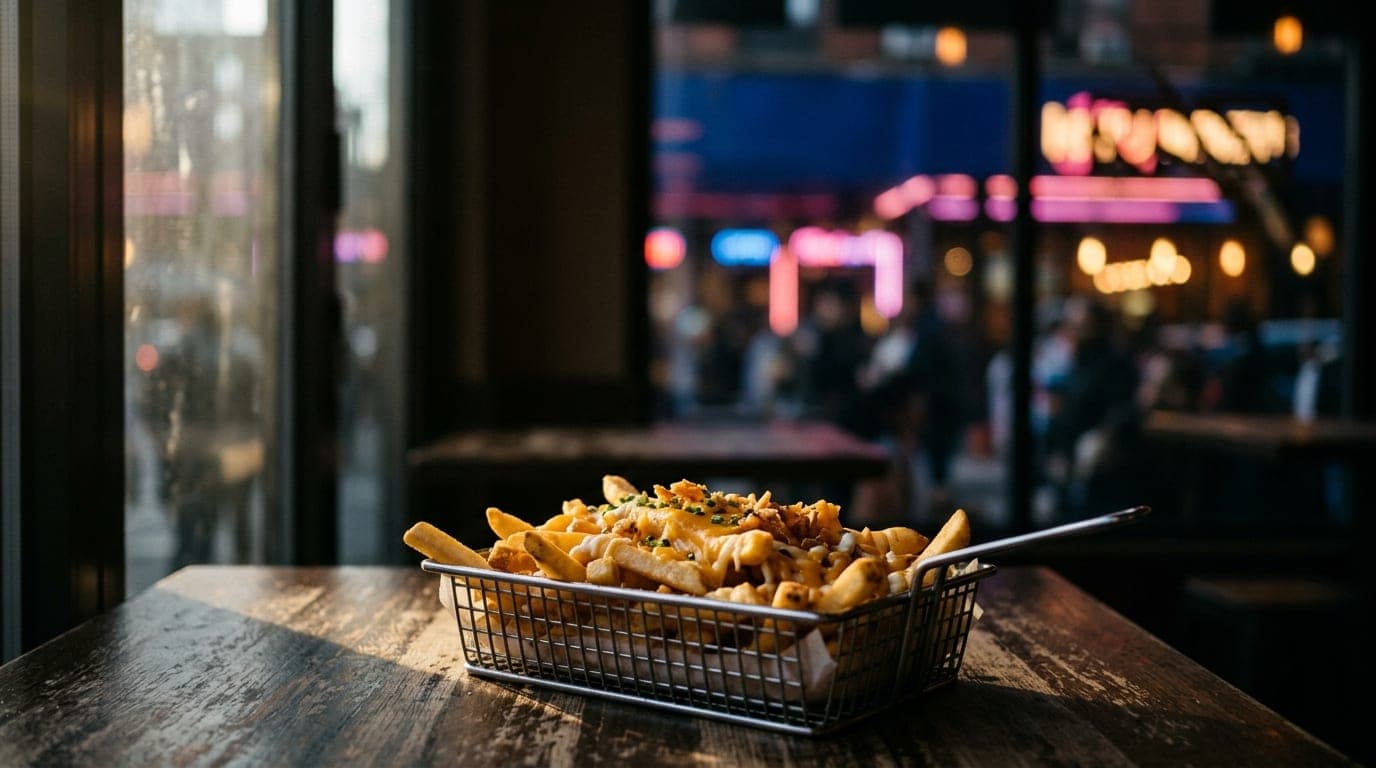 A close-up of a partially eaten basket of iconic Spanky’s cheese fries rests on a worn wooden table in the lower third, wi...