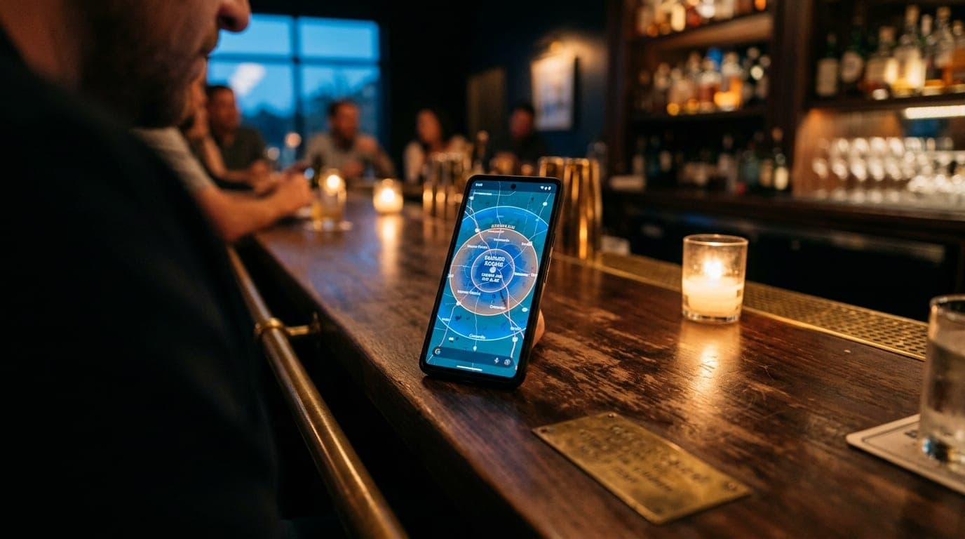 Over-the-shoulder, 100mm macro shot of a sleek smartphone resting on a dark wood bar. The screen displays a GPS radius map...