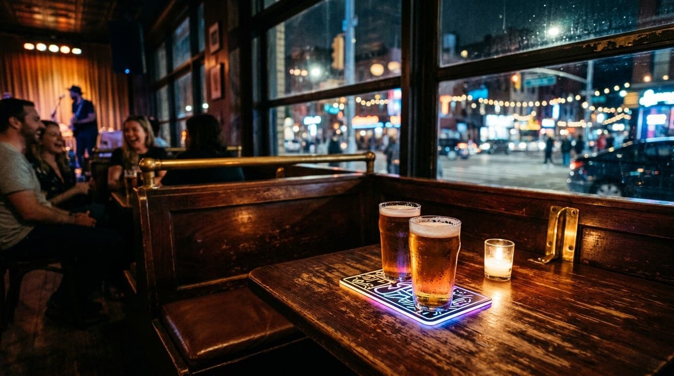 Low-angle wide shot of a weathered mahogany booth inside a dim music lounge. Two condensation-beaded craft beers sit besid...