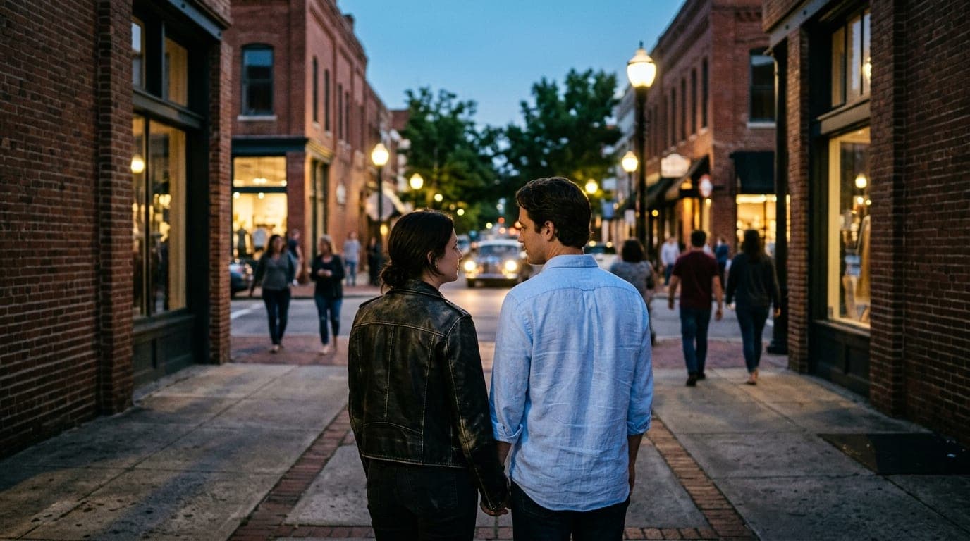 A couple stands on a shadowed downtown Macon sidewalk at blue hour, 24mm view framing them between historic brick storefro...