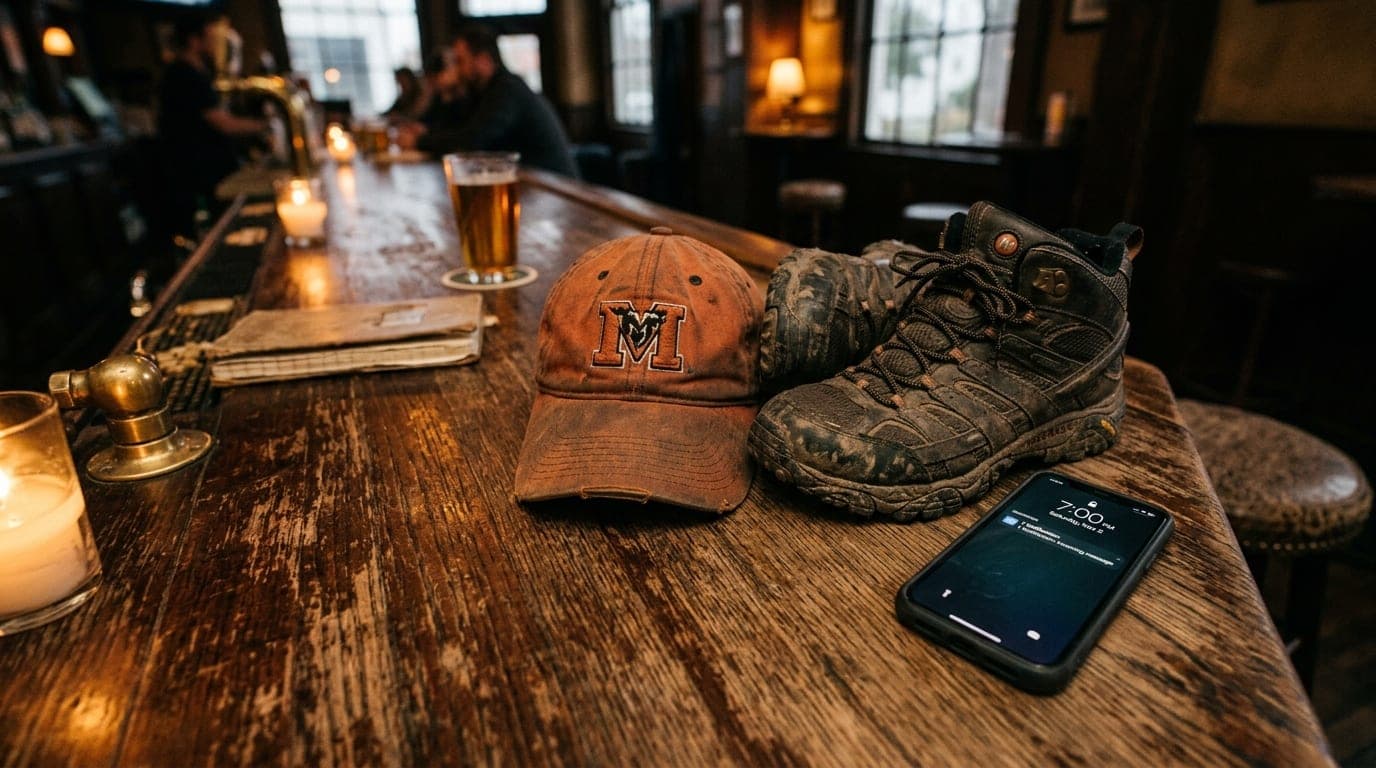 Overhead flat-lay on a weathered wooden bar. A worn Mercer University baseball cap sits next to a river-muddy hiking boot...