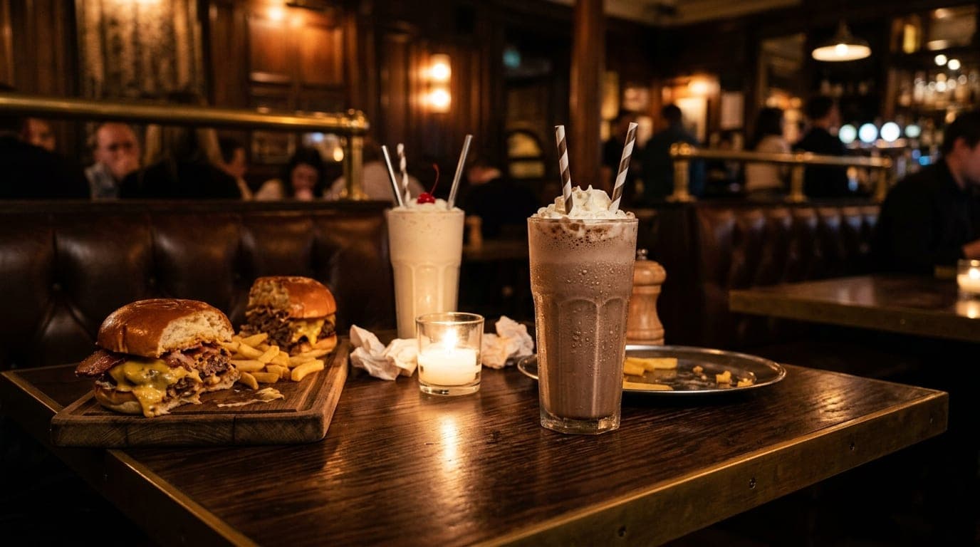 A pair of half-finished craft burgers and two tall, condensation-flecked milkshakes with twin straws rest on a polished wo...