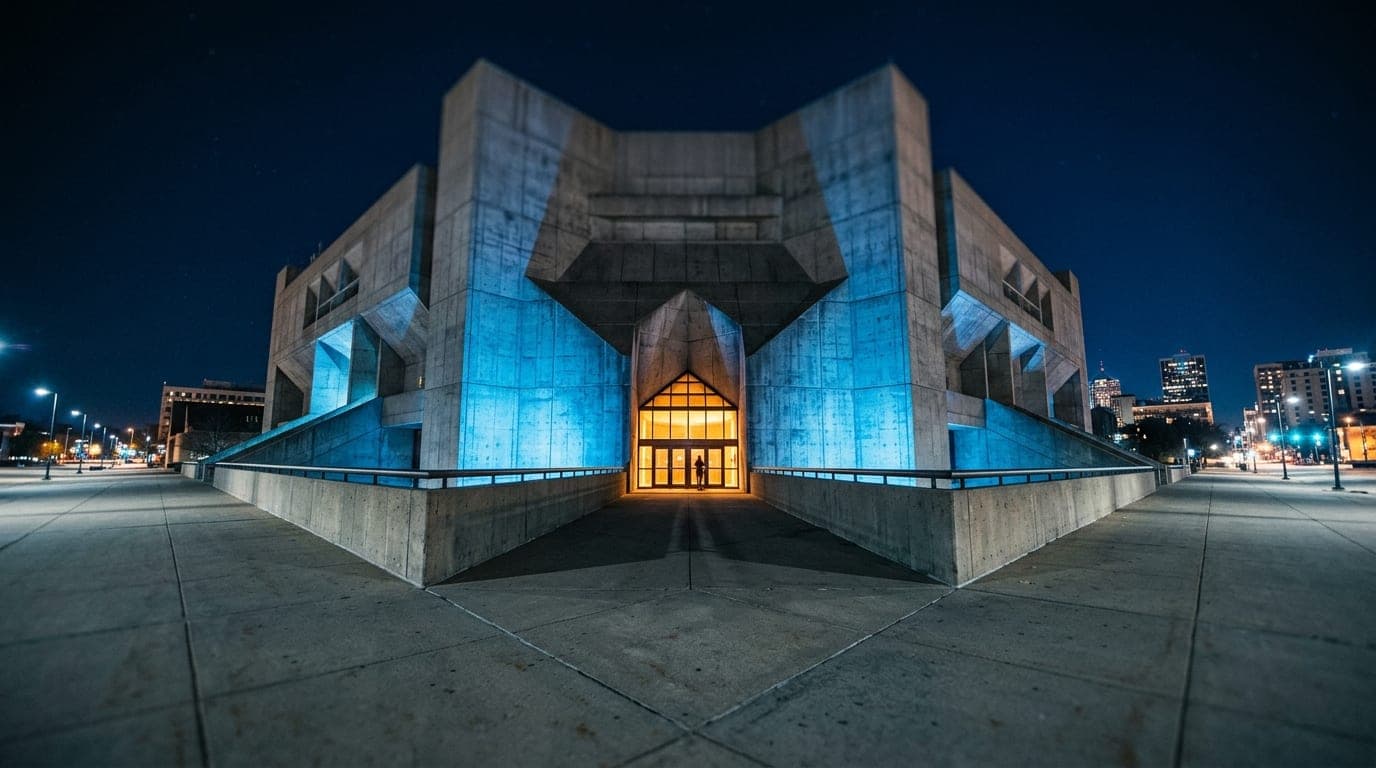 A low-angle, midnight hero shot of the Kohl Center’s stark, geometric facade illuminated by blue security lights, using co...