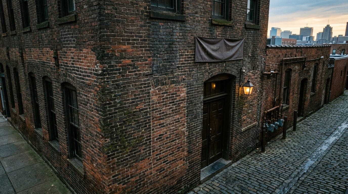 An overhead 35mm shot captures the dark, weathered brick exterior of the Caribou Tavern on a grey morning. The entrance is...