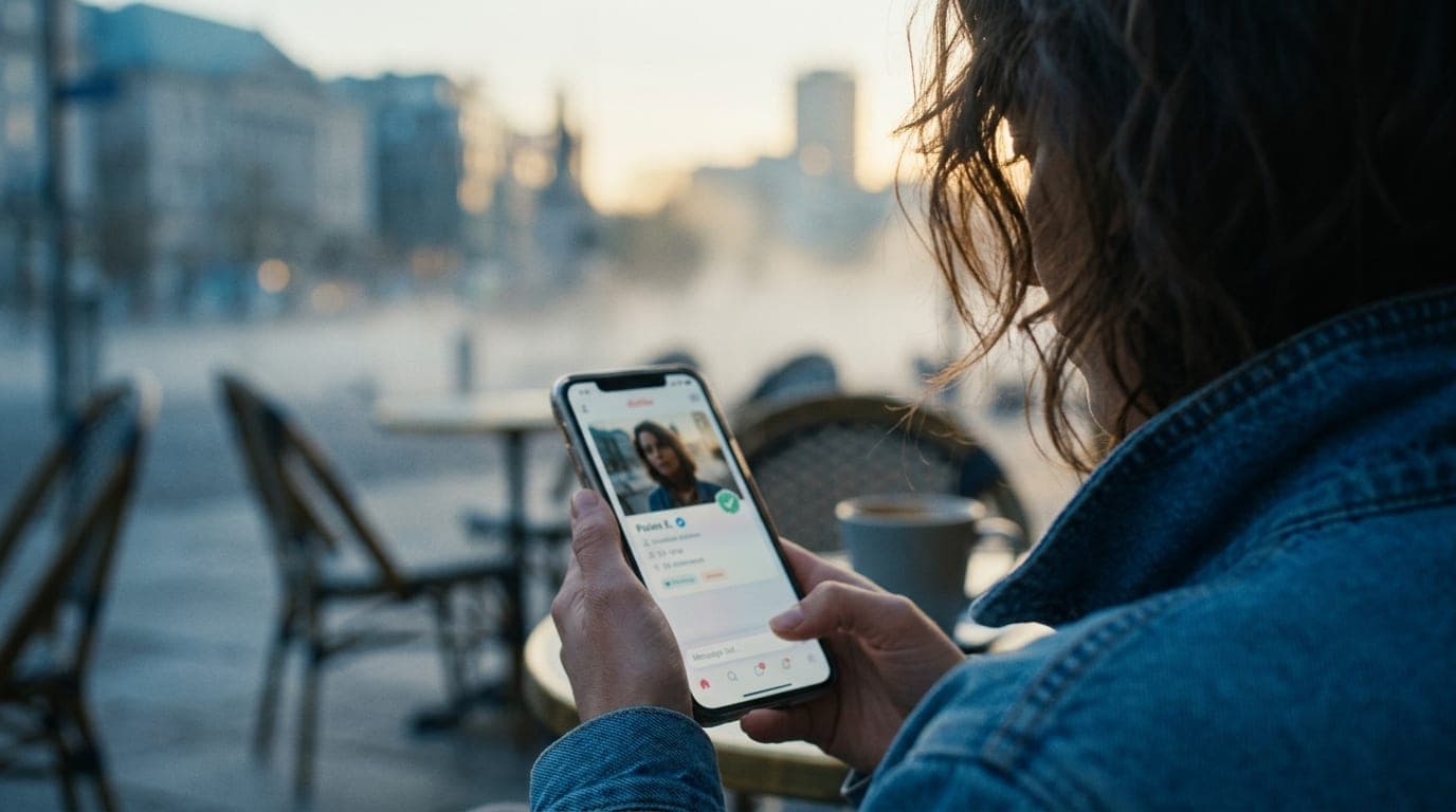 Over-the-shoulder macro shot of a smartphone screen showing a verified green checkmark badge on an Adult Friend Finder pro...