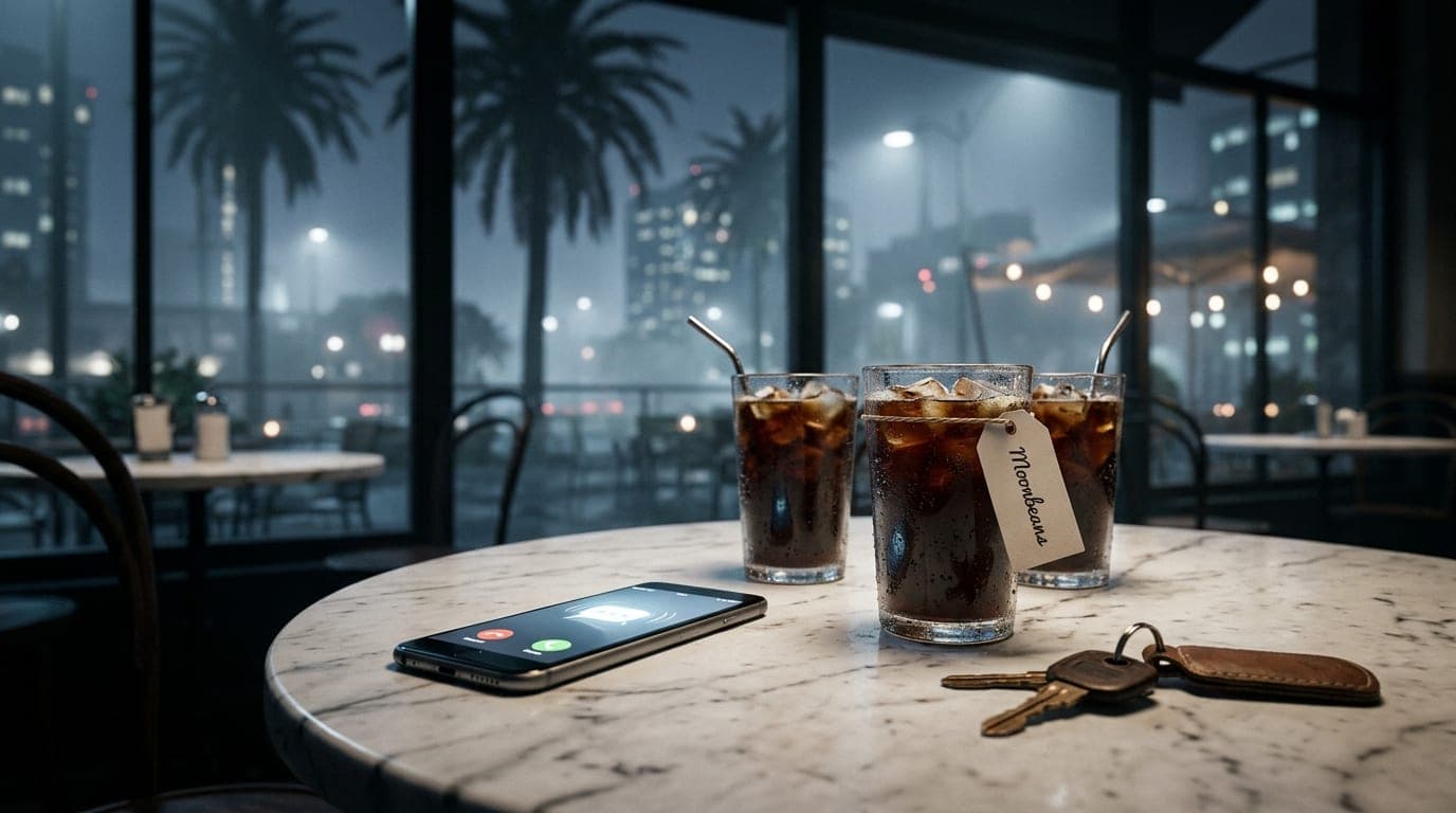 A low-angle hero shot captures two iced coffees on a marble Moonbeans table at midnight. Selective focus highlights a buzz...